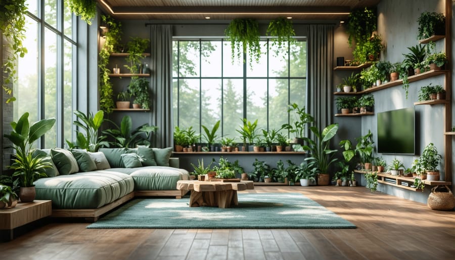 Harmonious living space combining natural elements with CBD wellness technology