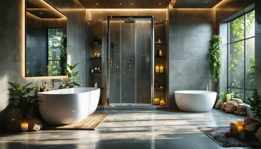 Modern spa-inspired bathroom with CBD steam integration and organic materials