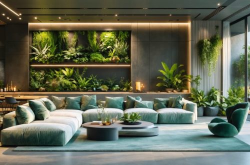 Elegant living room with integrated CBD aromatherapy diffuser and living wall, promoting wellness with a calming color palette and natural light.