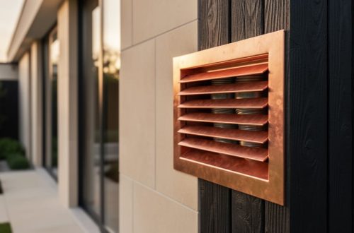 Close-up of a patinated copper dryer vent termination with a louvered grille on a modern limestone and charred cedar exterior, side-lit at golden hour, with shallow depth of field and blurred window mullions and landscaping in the background; slight angled view shows a hint of rigid metal ducting inside.
