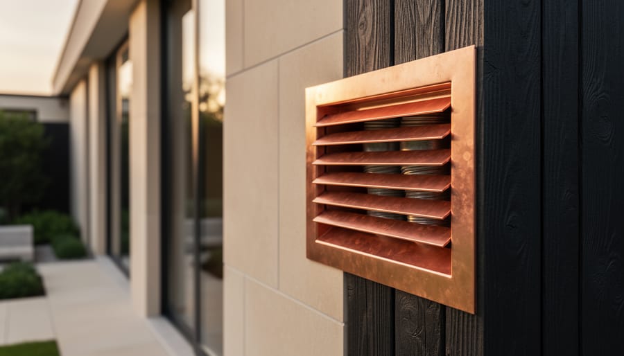 Close-up of a patinated copper dryer vent termination with a louvered grille on a modern limestone and charred cedar exterior, side-lit at golden hour, with shallow depth of field and blurred window mullions and landscaping in the background; slight angled view shows a hint of rigid metal ducting inside.