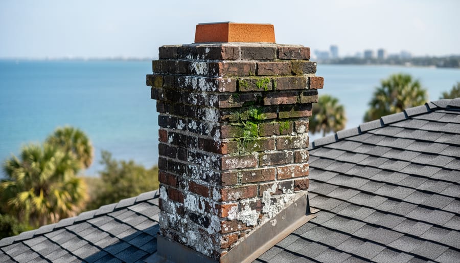 Close-up of deteriorating historic brick chimney showing moisture damage and salt efflorescence