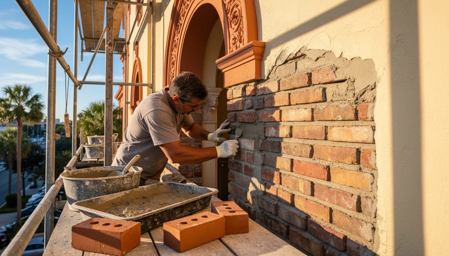 Mason's hands placing reclaimed historic brick with traditional lime mortar during chimney restoration