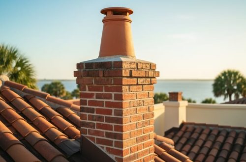 Low-angle photo of a historic red-clay brick chimney with a terracotta pot on a Mediterranean Revival clay-tile roof in Tampa Bay at golden hour, with palm fronds, stucco, and a glimpse of the bay softly blurred; subtle Spanish Colonial and Victorian rooflines in the distance.