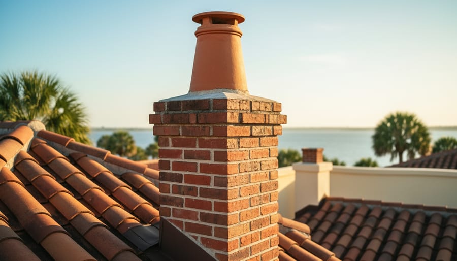 Low-angle photo of a historic red-clay brick chimney with a terracotta pot on a Mediterranean Revival clay-tile roof in Tampa Bay at golden hour, with palm fronds, stucco, and a glimpse of the bay softly blurred; subtle Spanish Colonial and Victorian rooflines in the distance.