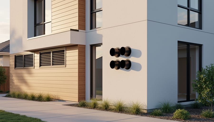 Flush-mounted stainless steel dryer vent hood integrated into minimalist white exterior wall