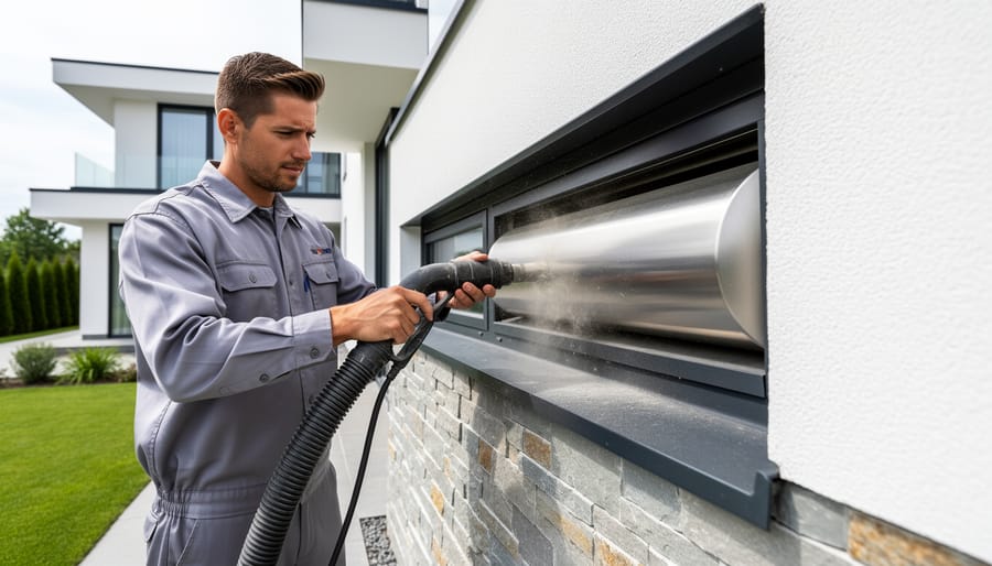 Professional technician using specialized brush tool during dryer vent cleaning service