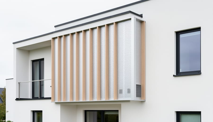 Contemporary Scandinavian home with dryer vent concealed behind vertical wood slat facade