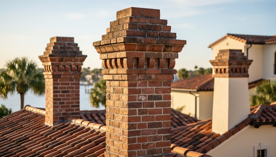 Historic brick chimney with decorative corbelling on Mediterranean Revival home in Tampa Bay