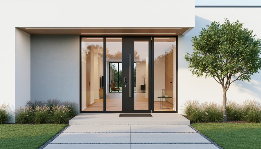 Modern home front entry featuring a sleek security screen door and security-focused glazing in a coastal setting