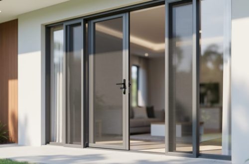 Close-up view of a modern home entry with sleek security screen door and stainless mesh panels in front of large glass windows.