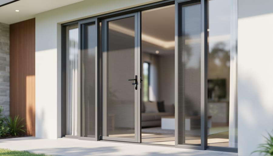 Close-up view of a modern home entry with sleek security screen door and stainless mesh panels in front of large glass windows.