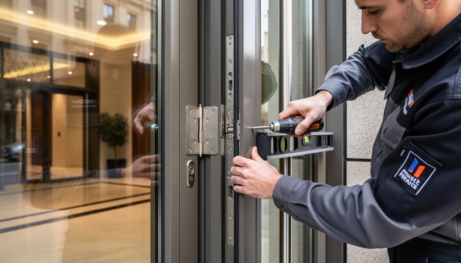 Gloved installer hands tightening hardware on a security door frame at a modern home