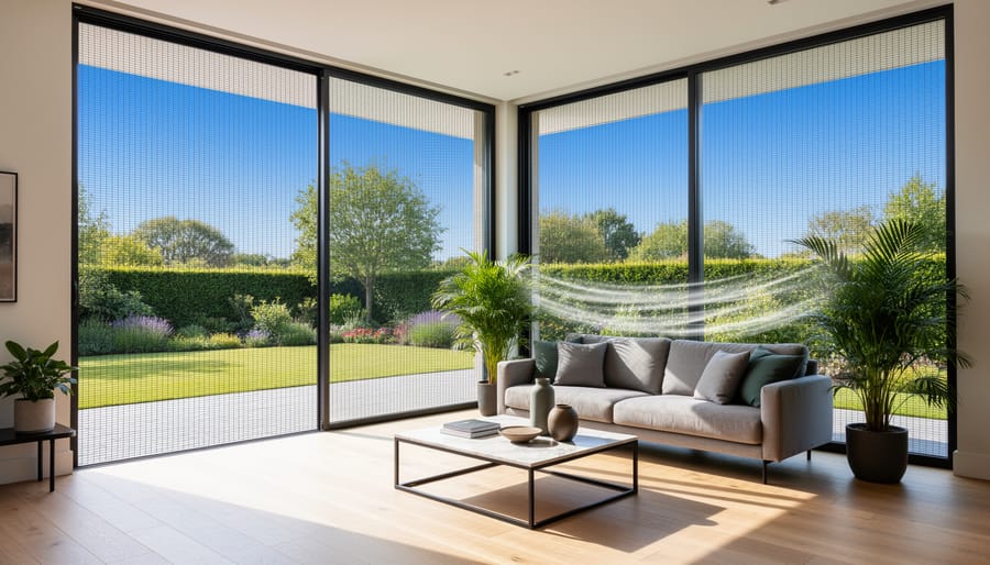 Close view of a security screen mesh looking into a bright modern open-plan living area