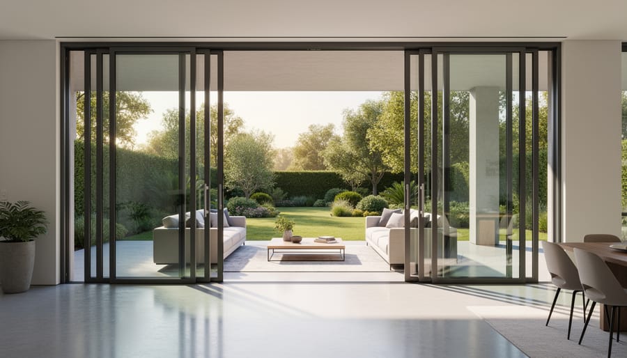 Wide view of a modern sliding security door and security screen opening onto a patio