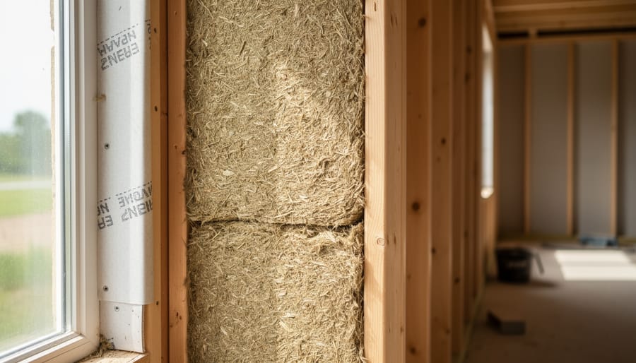 Close-up of hemp insulation fitted inside an interior wall stud cavity