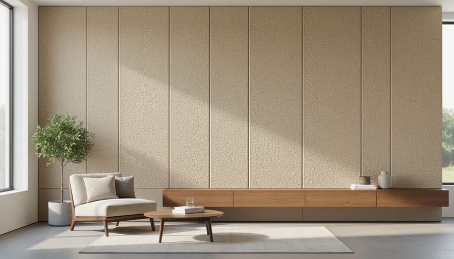 Compressed hemp fiber acoustic wall panels in a modern interior with designer furniture