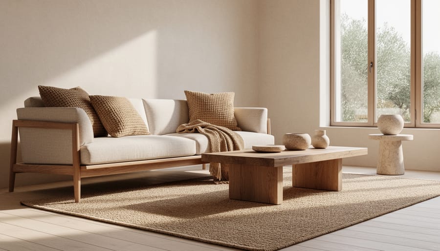Elegant living room with woven hemp textile wall upholstery in warm golden hour light