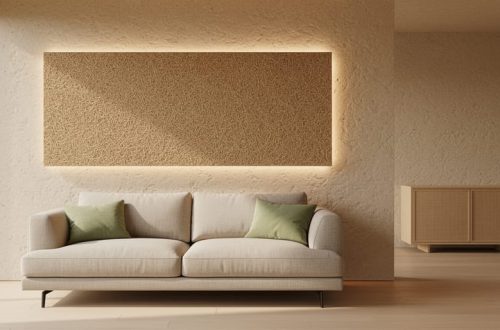 Luxury minimalist living room with a warm exposed hempcrete wall and hemp-based acoustic panel illuminated by soft natural daylight.