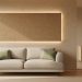 Luxury minimalist living room with a warm exposed hempcrete wall and hemp-based acoustic panel illuminated by soft natural daylight.