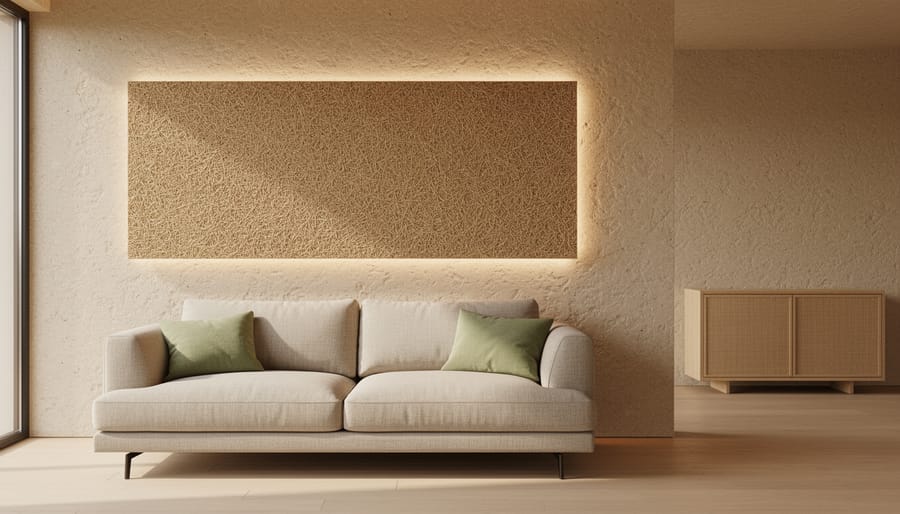 Luxury minimalist living room with a warm exposed hempcrete wall and hemp-based acoustic panel illuminated by soft natural daylight.