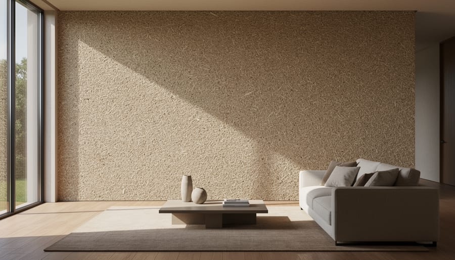 Luxury interior wall with textured hempcrete finish under natural daylight