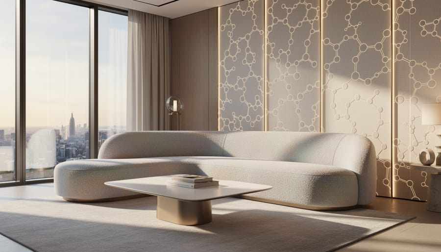 Light-responsive textured wall surface in a modern luxury living room, photographed with natural window lighting