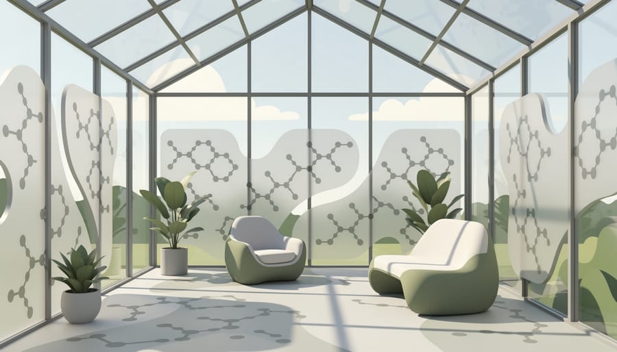 Golden-hour conservatory with adaptive fabric-like architectural elements and soft botanical bokeh in the background