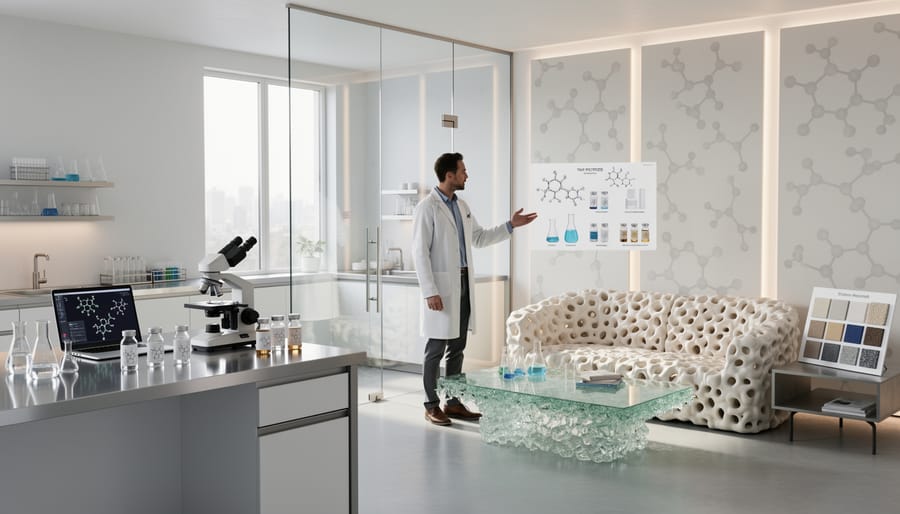 Luxury design studio scene with a scientist’s notebook, unlabeled peptide vials, and bio-material samples on a stainless table