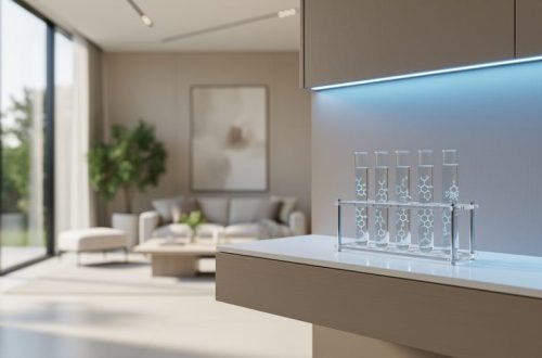 Luxury modern interior with a subtly glowing wall finish and nearby laboratory glass vials, representing research peptides inspiring next-era home innovation.