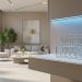 Luxury modern interior with a subtly glowing wall finish and nearby laboratory glass vials, representing research peptides inspiring next-era home innovation.
