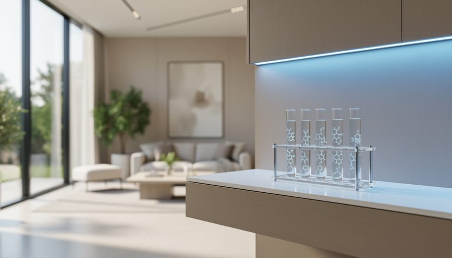 Luxury modern interior with a subtly glowing wall finish and nearby laboratory glass vials, representing research peptides inspiring next-era home innovation.