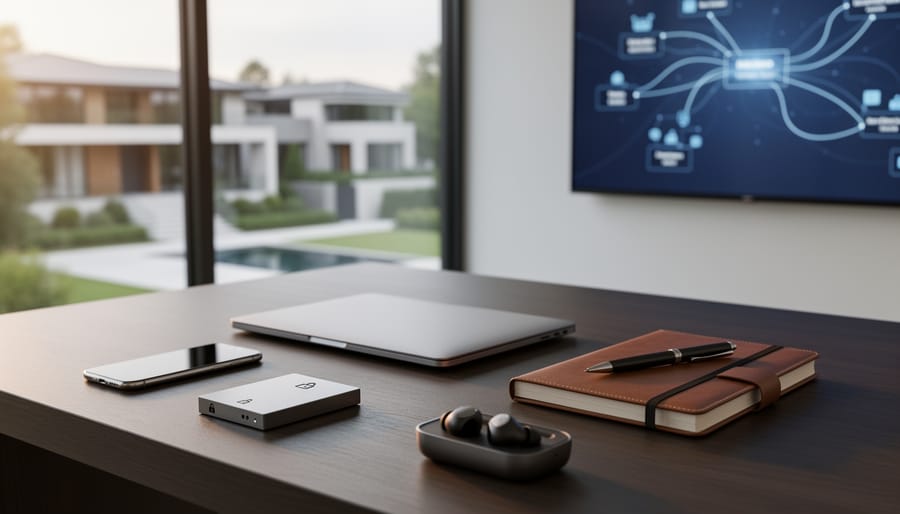 Top-down view of luxury devices, key fob, and architectural tools on a stone desk