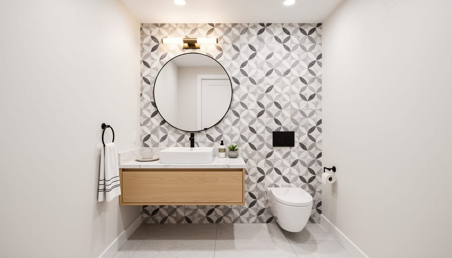 Modern compact powder room with textured tile accents, a vanity, and vintage-style lighting.