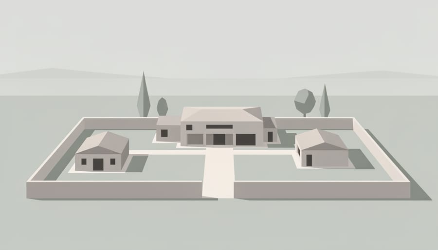 Dusk view of a secluded residential compound with connected villas and softly lit walkways