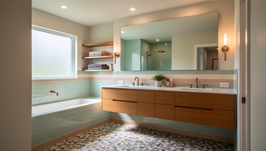 Mid-century modern hall bathroom with terrazzo flooring and a walnut vanity.