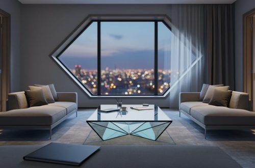 A luxury modern living room at dusk with designer furnishings, an architectural window, and warm evening city lights in the background, suggesting a private off-market property sale.