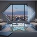 A luxury modern living room at dusk with designer furnishings, an architectural window, and warm evening city lights in the background, suggesting a private off-market property sale.