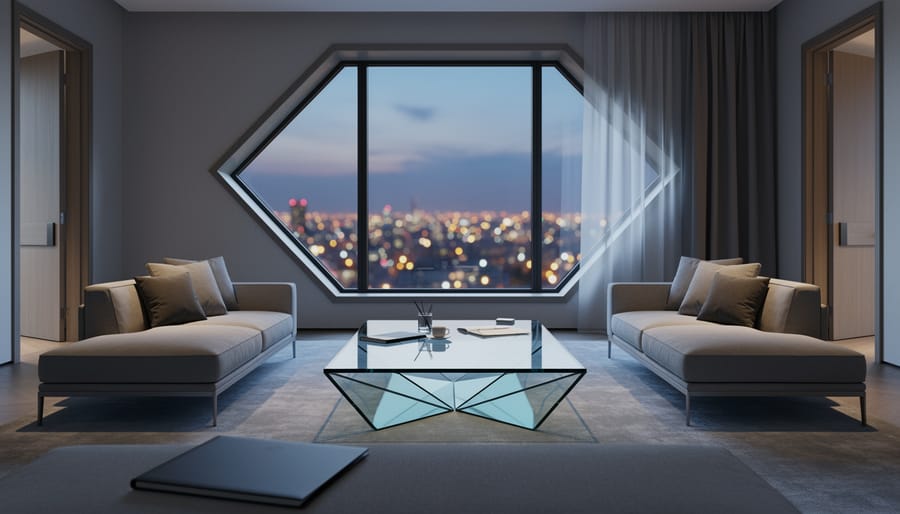 A luxury modern living room at dusk with designer furnishings, an architectural window, and warm evening city lights in the background, suggesting a private off-market property sale.