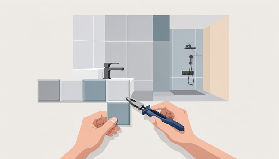 Gloved hands installing a stone tile in a luxury bathroom setting.