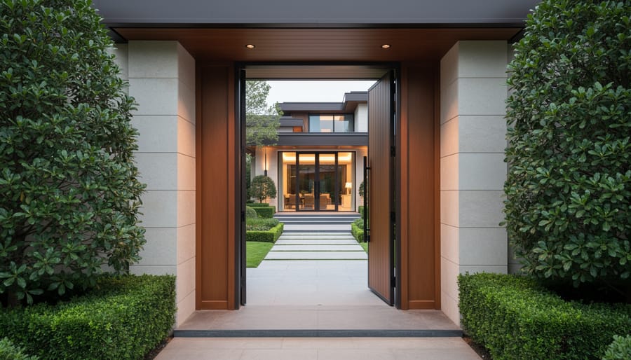 Modern ultra-luxury house partially visible through a gated entry with surrounding trees and stone walls