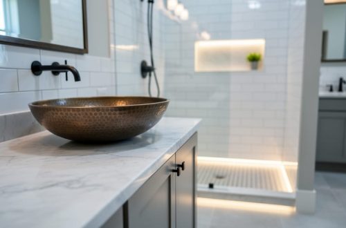 Modern bathroom vanity with honed Calacatta marble countertop and a bronze hand-hammered sink, lit by soft natural light.