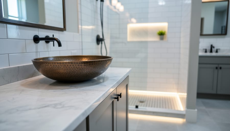 Modern bathroom vanity with honed Calacatta marble countertop and a bronze hand-hammered sink, lit by soft natural light.